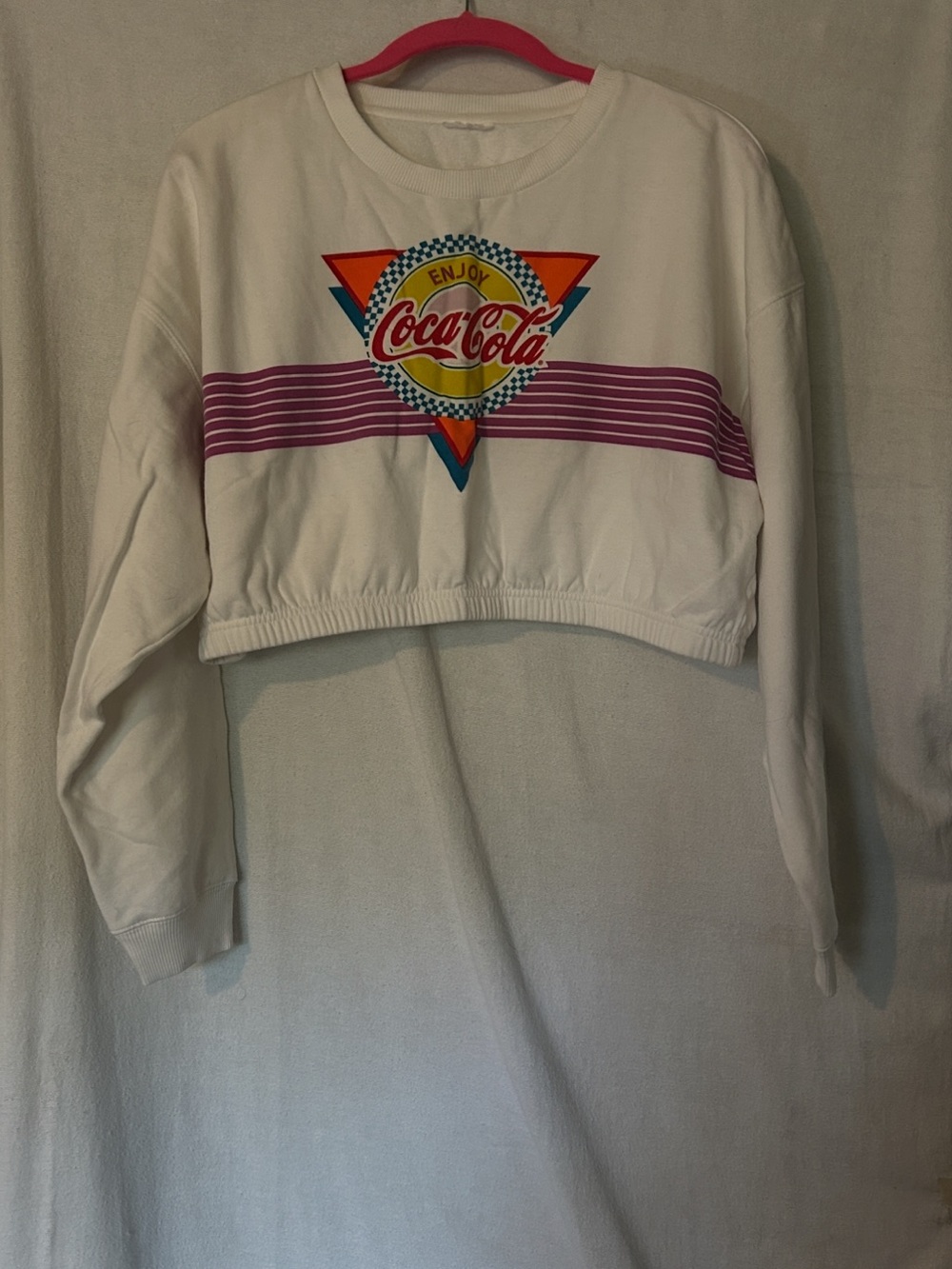 Coca Cola White Cropped Women Sweatshirt with Pink Stripe and Retro Logo